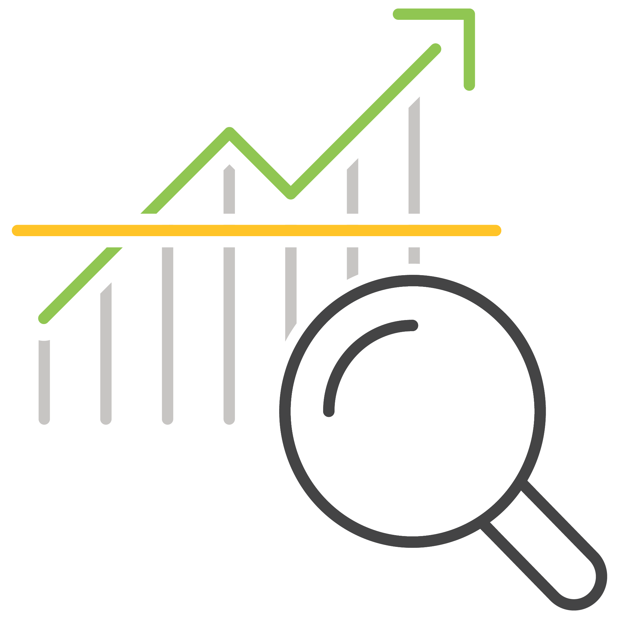 An icon showing a magnifying glass examining a bar graph with an upward trend line, suggesting analysis and growth.
